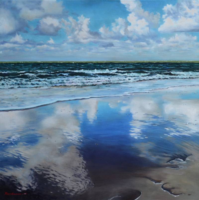 Vic Noordmann: Strandwandeling. Hyperrealistische Zeeuwse strandgezichten. olieverf op doek, in houten baklijst, schilderij 'Spiegel' olieverf op doek in houten baklijst 80 x 80 cm 650, -   Spiegeln Öl auf Leinwand im Holzbackrahmen 80 x 80 cm 650, -   Mi