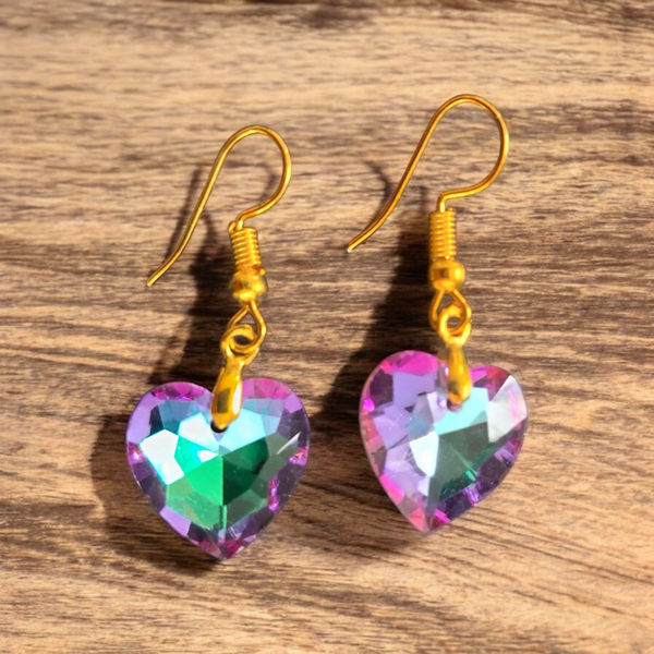 Boucles d'oreilles - Cœur fuchsia iridescent vert