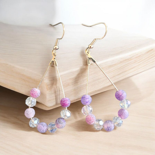 Boucles d'oreilles - Perles mauve craquelée et transparentes
