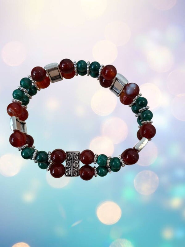 Bracelet Double Rangs – Malachite, Cornaline & Agate Rouge