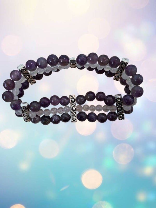 Bracelet Triple Rangs – Améthyste, Améthyste Rubannée & Cristal de Roche
