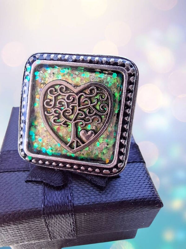 Bague Carrée – Cœur & Arbre de Vie
