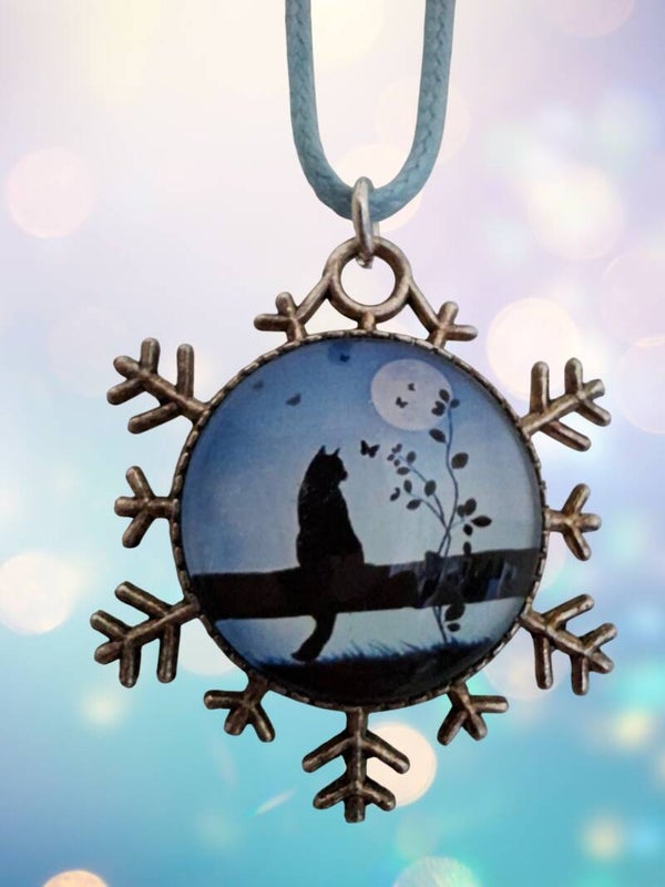 Collier Flocon – Chat & Lune Bleu Ciel