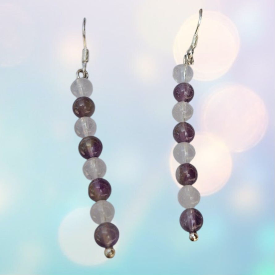 Boucles d’Oreilles – Argentées, Améthyste & Cristal de Roche