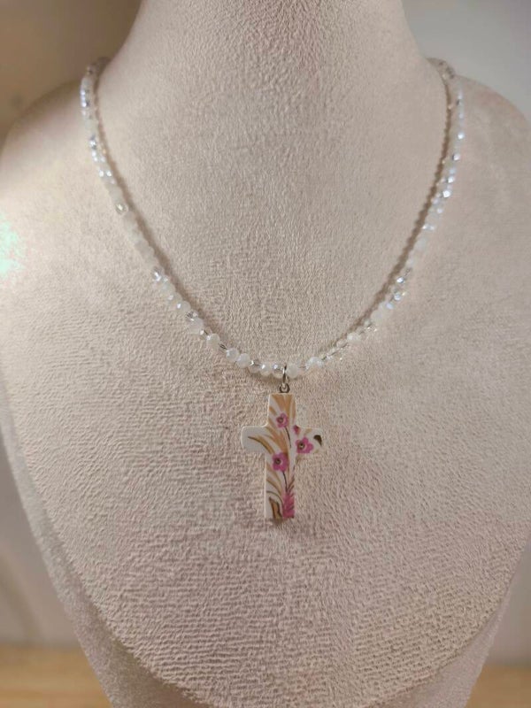 Pendentif croix en faïence ancienne - pièce unique