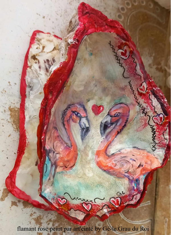 Coquille d’huître peinte à la main – Flamants roses et cœur