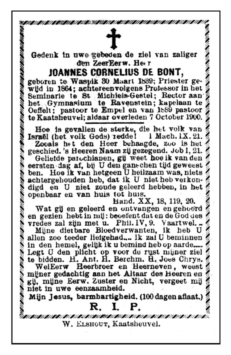 Bidprentje van pastoor De Bont, Kaatsheuvel.