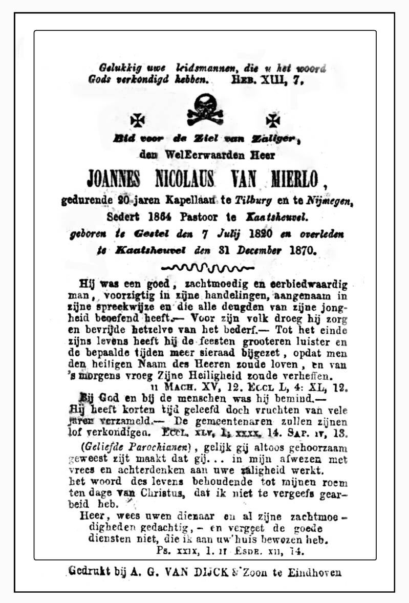 Bidprentje van pastoor Van Mierlo, Kaatsheuvel.