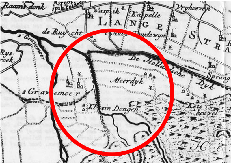 Op deze kaart uit 1748 is het gebied waar de bende van de Witte Veer rond hing met een cirkel aangegeven.