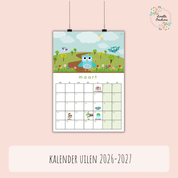 Kalender 2026-2027 thema uiltjes