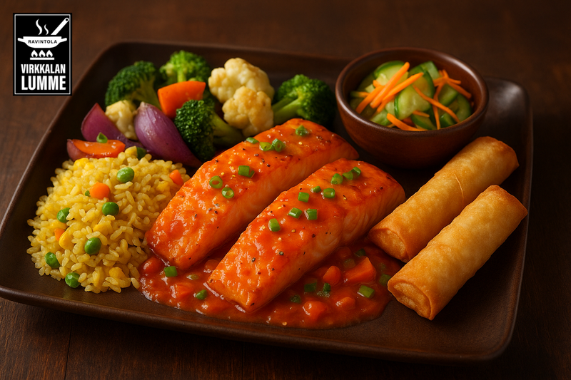 Monipuolinen ja värikäs lounasannos: paahdetut perunat, lihapullat chilillä ja tomaattikastikkeella, kanaa paprikoiden kera, tuore salaatti fetalla sekä kastike. Tarjoillaan Virkkalan Lumme -ravintolassa."