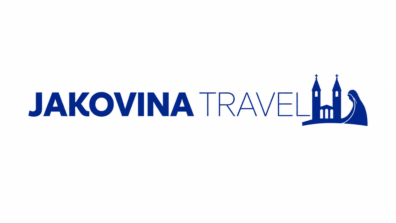Službeni logotip Jakovina Travel putničke agencije iz Biograda na Moru s plavom siluetom crkve svetog Jakova i likom Gospe iz Međugorja.