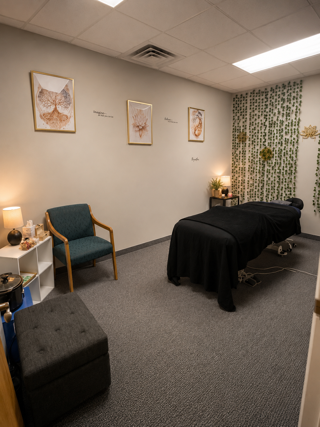“Massage therapy room at Rest and Reset Massage in Greensboro NC – relaxation, deep tissue, prenatal, cupping, and reiki sessions”