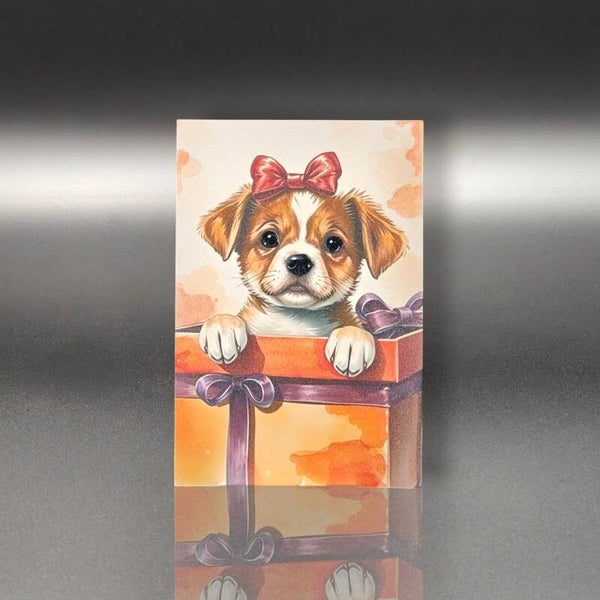 Postkarte - Süsser Hunde Gruss aus der Geschenkbox
