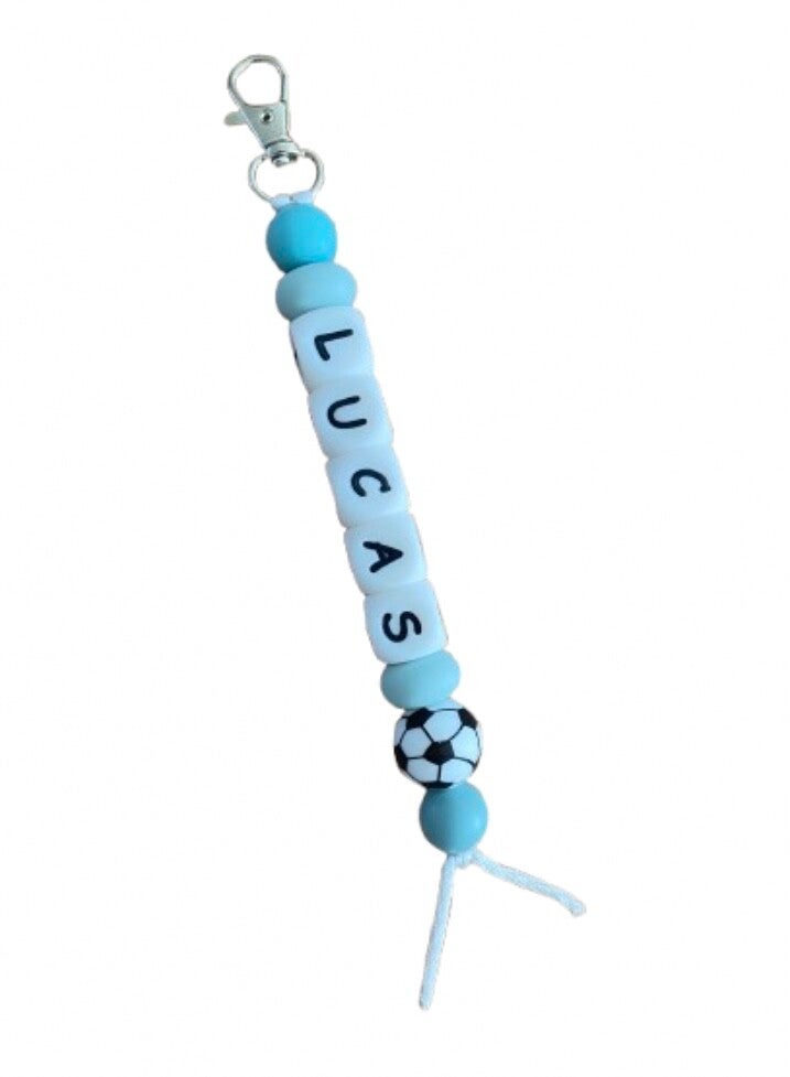 Sleutelhanger met naam - beige & blauw voetbal