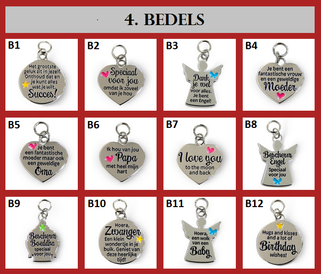 Vrolijke bedels met persoonlijke teksten. Ideaal om als cadeau te geven.