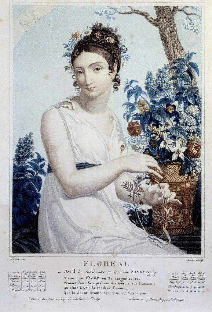 Floréal (avril-mai), huitième mois du calendrier républicaine, gravure colorée de Louis Lafitte (vers 1794)