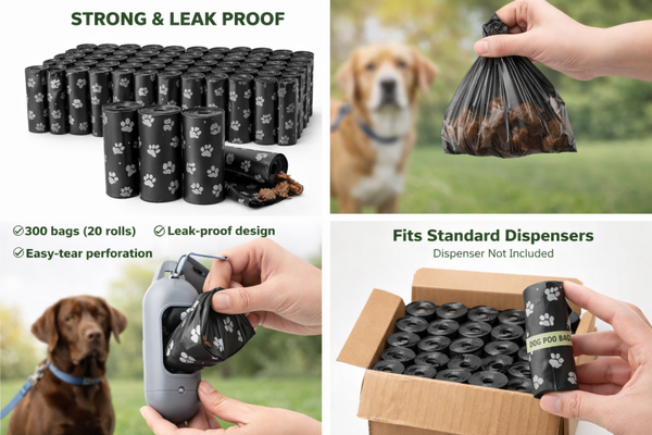 Black Dog Poo Bags 150 Bags (10 Rolls x 15) Strong Leak Proof Pet Waste Bags