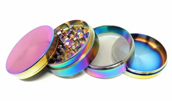 1. Rainbow Leaf Herb Grinder 50mm – 4 Part Metal Grinder with Shark Teeth & Pollen Catcher