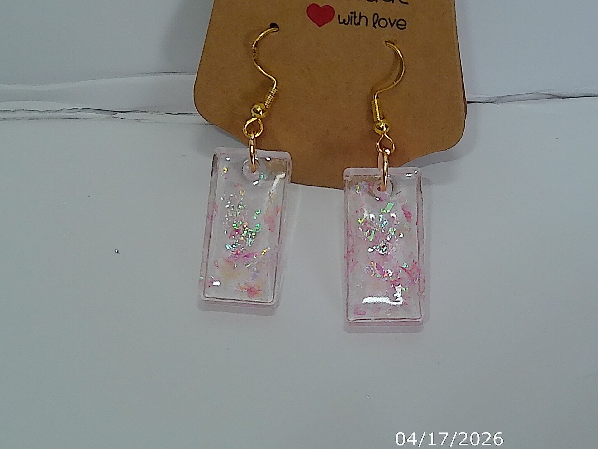 Light Pink Sparkle Resin Rectangle Drop Earrings.