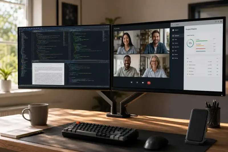Ein ergonomisches Homeoffice-Setup mit zwei 24-Zoll-Monitoren, die gleichzeitig unterschiedliche Arbeitsinhalte anzeigen, beleuchtet von weichem Tageslicht.
