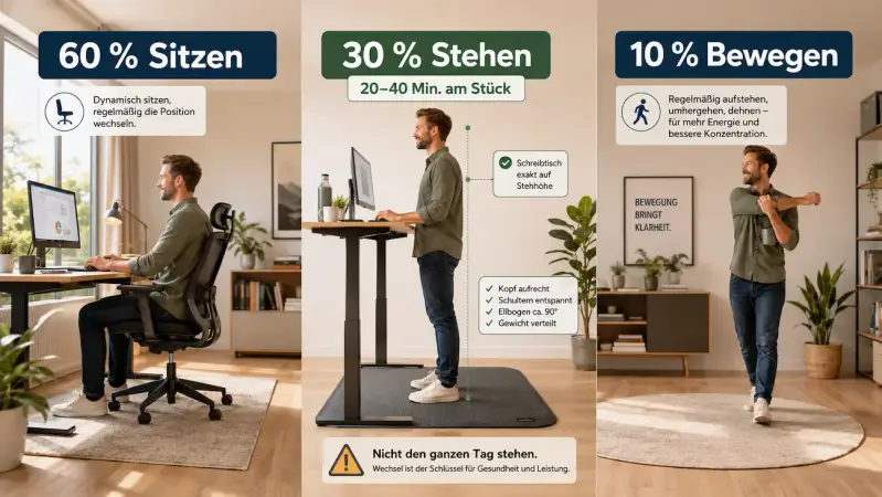 Infografik zur 60-30-10 Regel für Ergonomie im Homeoffice: Ein Mann zeigt das optimale Verhältnis aus 60% dynamischem Sitzen, 30% Stehen am Stehschreibtisch auf einer Anti-Ermüdungsmatte und 10% aktiver Bewegung und Dehnen.