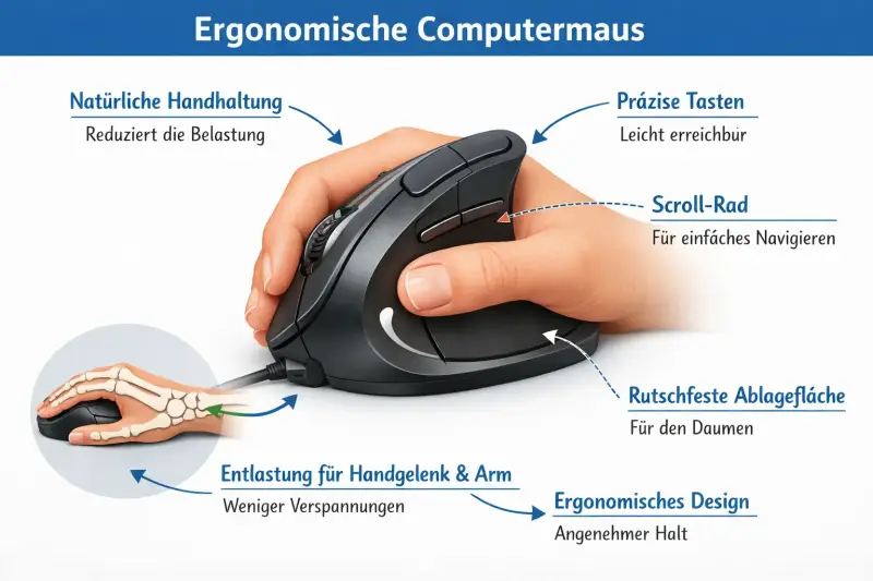 Ein realistisches Anschaubild einer ergonomischen Computermaus. Die ergonomischen Funktionen sind detailiert beschrieben.