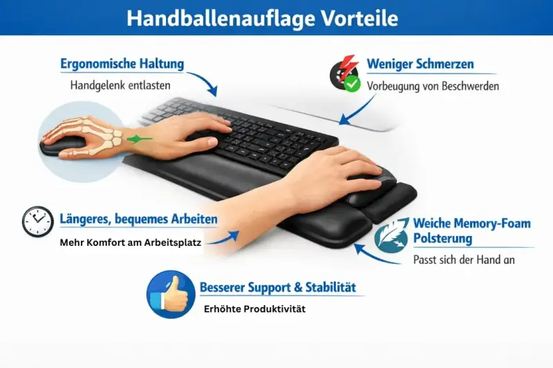 Anschaubild mit Beschreibung für Handballenauflagen, Gelpads. Es bezieht sich auf die ergonomischen Vorteile.