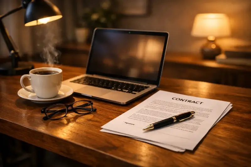 Ein moderner Schreibtisch mit Laptop, Vertrag und Brille, passend zum Thema Arbeitgeber-Zuschuss für die Homeoffice-Ausstattung.