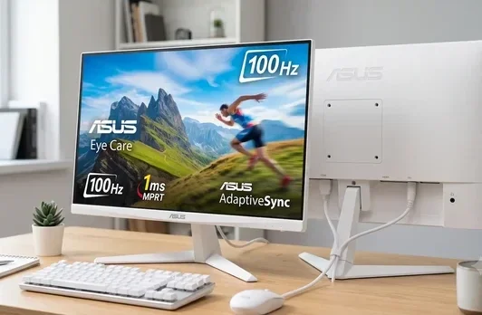 KI-generierte Illustration eines weißen ASUS-Monitors auf einem Homeoffice-Schreibtisch