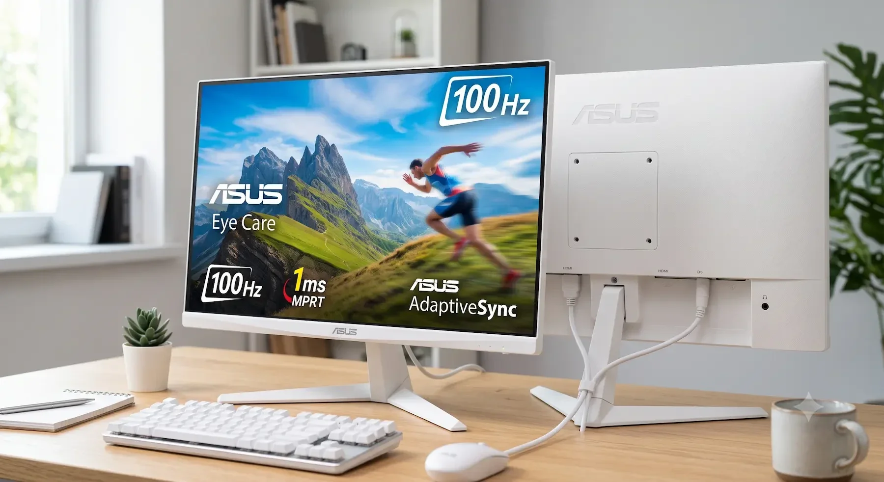 Ein weißer, augenschonender ASUS Eye Care Monitor (24 Zoll) auf einem modernen Schreibtisch im Homeoffice.
