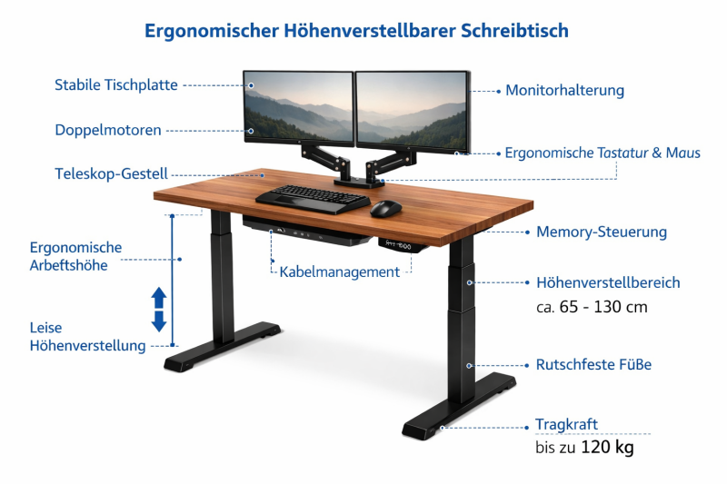 Aufbau und Funktionen eines ergonomischen, höhenverstellbaren Schreibtisches: Infografik zur Erklärung von Doppelmotoren, Memory-Steuerung, Kabelmanagement und Höhenverstellbereich.