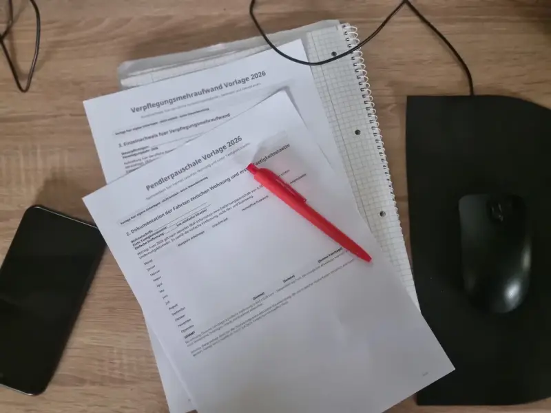 Ausgedruckte PDF Vorlagen für die Pendlerpauschale und den Verpflegungsmehraufwand auf einem modernen Schreibtisch im Homeoffice.