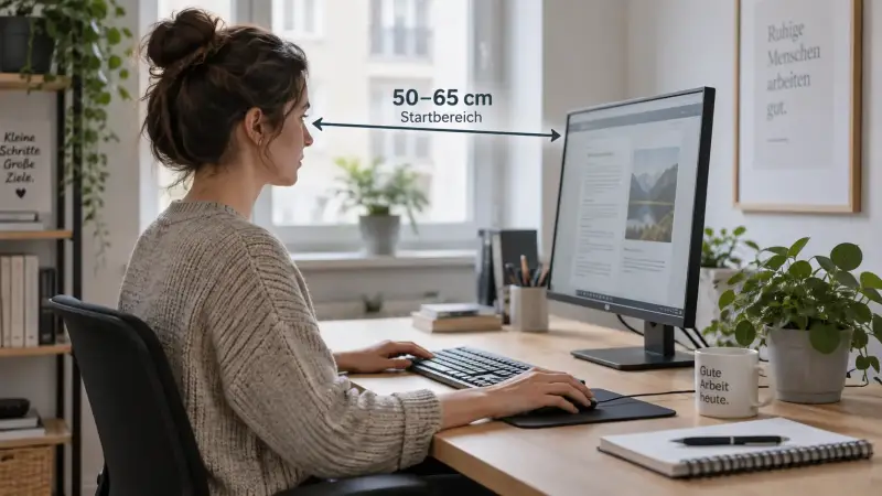 Illustration zum Bildschirmabstand im Homeoffice mit seitlicher Ansicht auf Person und Monitor.