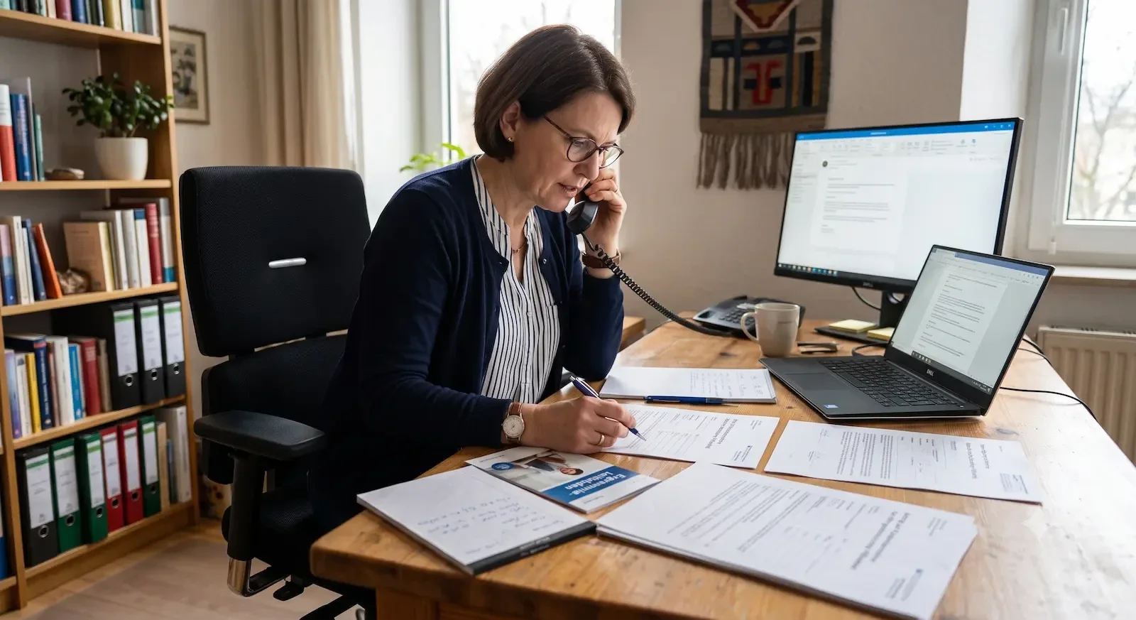 Frau prüft im Homeoffice Unterlagen zur möglichen Kostenübernahme eines ergonomischen Bürostuhls