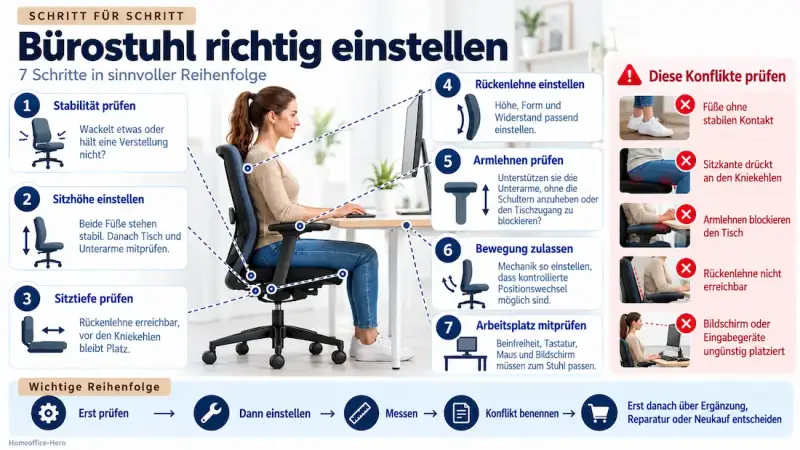 Bürostuhl richtig einstellen in sieben Schritten: Stabilität, Sitzhöhe, Sitztiefe, Rückenlehne, Armlehnen, Bewegung und Arbeitsplatz prüfen