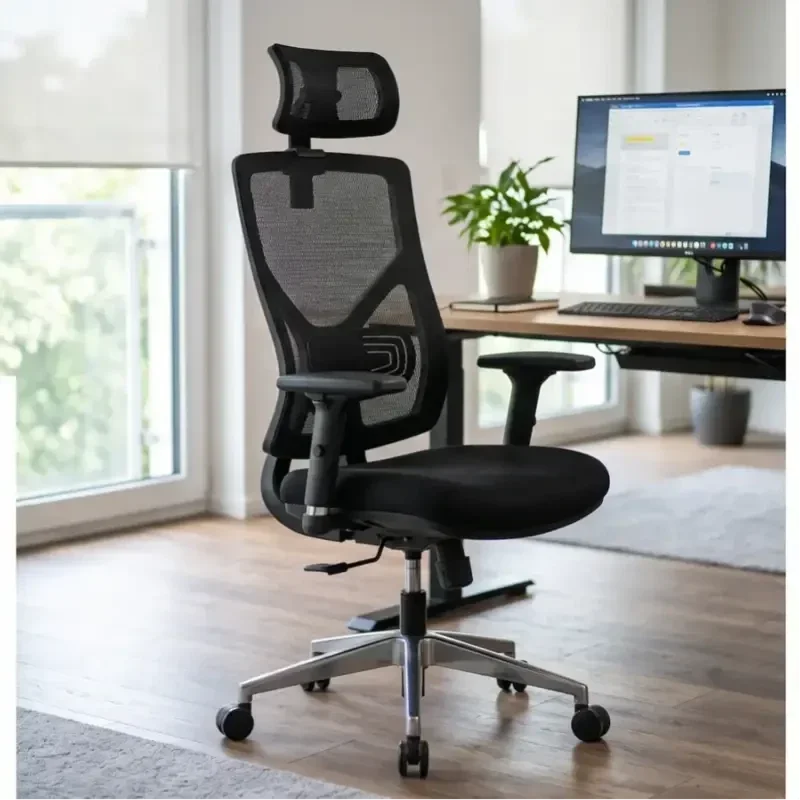 Ein moderner, ergonomischer Bürostuhl von SIHOO mit verstellbarer Lordosenstütze, Kopfstütze und atmungsaktivem Netzrücken im Homeoffice.