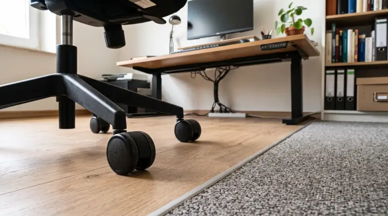 Bürostuhlrollen auf Hartboden neben einem Teppichboden