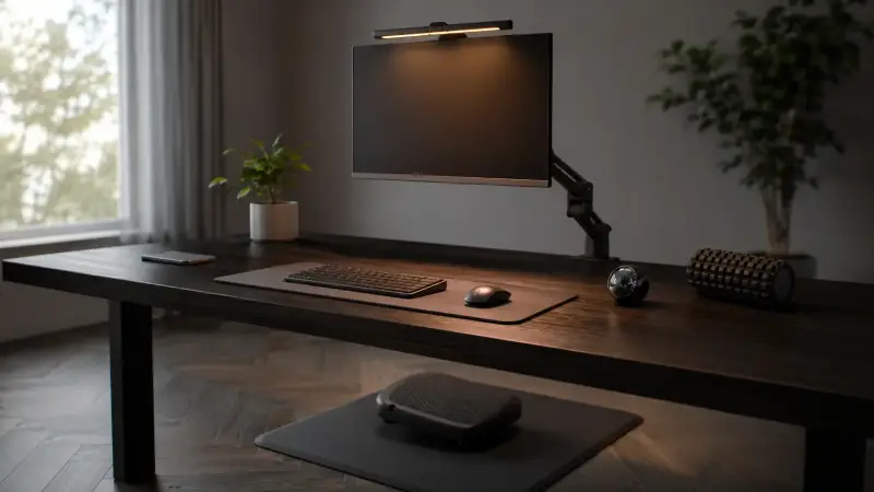 Ein aufgeräumter Homeoffice-Schreibtisch mit cleverem Zubehör wie einer Monitorhalterung und einer Screenbar für maximalen Fokus.