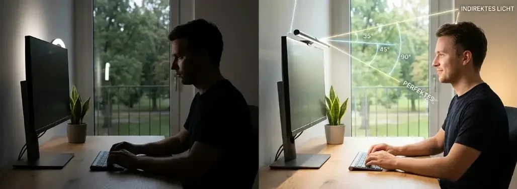 Geteiltes Bild zeigt links dunkle Silhouette bei Zoom-Call (falsches Licht) und rechts hell ausgeleuchtetes Gesicht bei optimaler Beleuchtung.