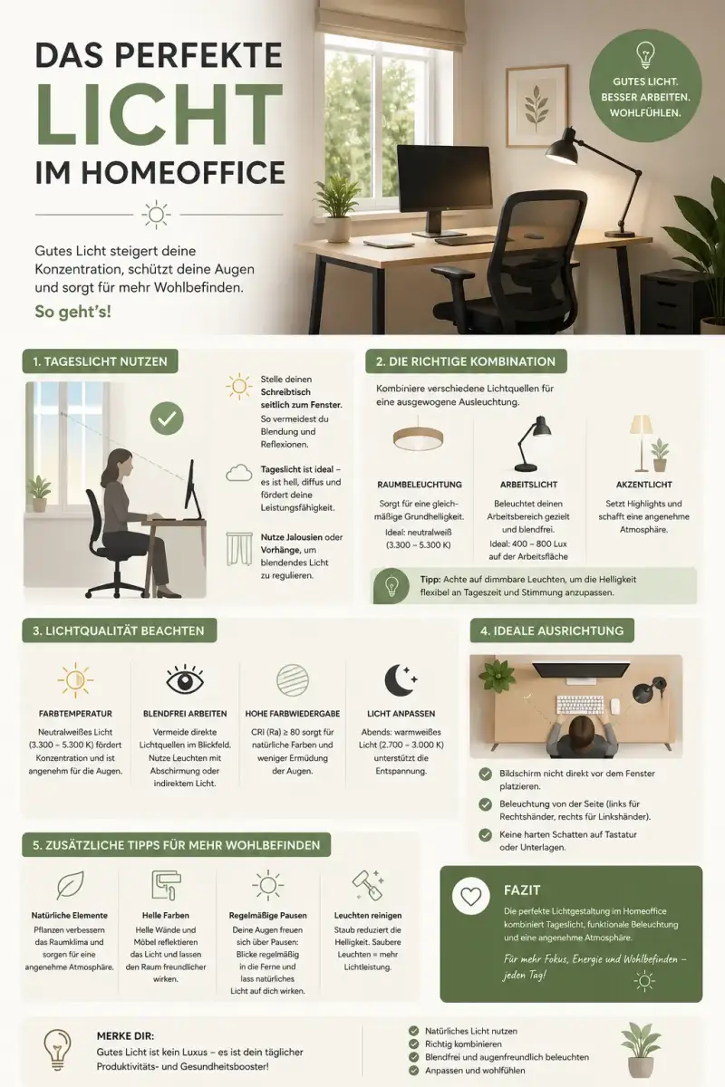 Infografik: Anleitung für die optimale Beleuchtung im Homeoffice mit seitlichem Lichteinfall vom Fenster für blendfreies Arbeiten am Schreibtisch.
