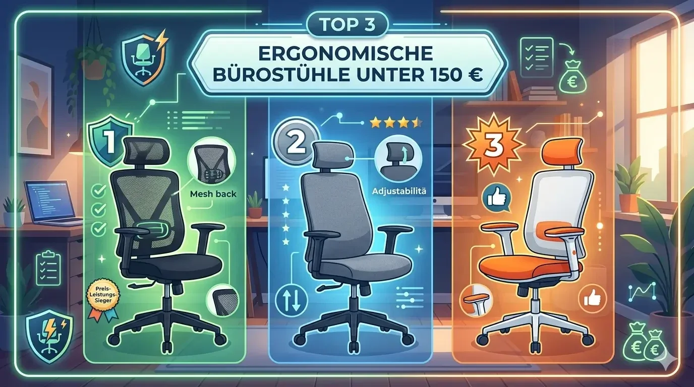 Produktvergleich von drei verschiedenen ergonomischen Bürostühlen unter 150 Euro im modernen Neon-Design mit der Überschrift „Top 3 Ergonomische Bürostühle unter 150 €“