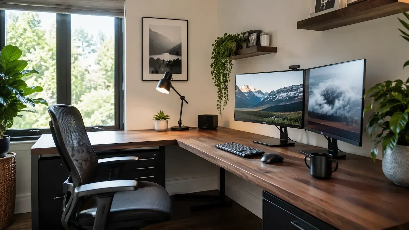 Ein moderner Eckschreibtisch aus Holz in einem hellen Homeoffice mit zwei Monitoren und aufgeräumter Arbeitsfläche.