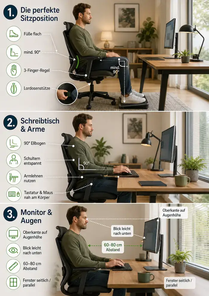 Infografik zur ergonomischen Einrichtung des Homeoffice-Arbeitsplatzes: Tipps zu Sitzposition, Schreibtischhöhe, Armhaltung und Monitorabstand.