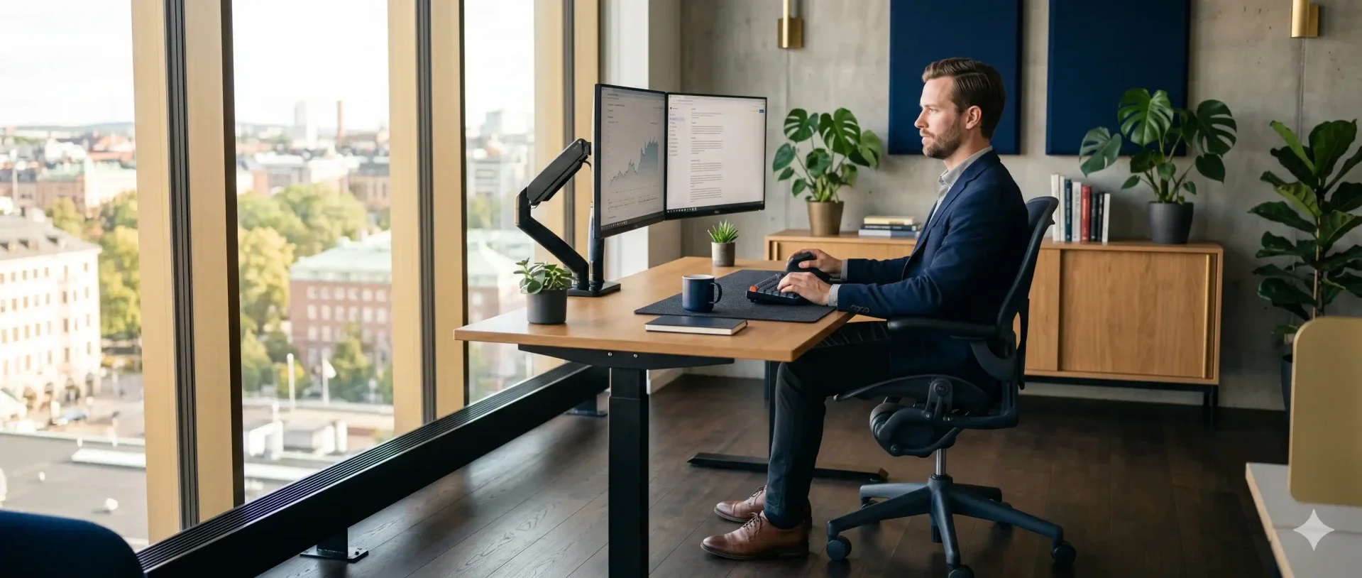 Ergonomisch perfekt eingestellter Homeoffice Arbeitsplatz mit höhenverstellbarem Schreibtisch und rückenfreundlichem Bürostuhl für schmerzfreies Sitzen.