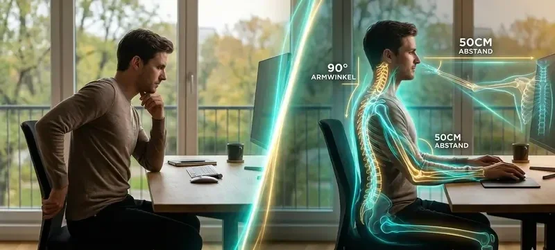 Glow-Lines markieren 90° Winkel an Armen und Beinen einer sitzenden Person an einem Holzschreibtisch im Homeoffice.
