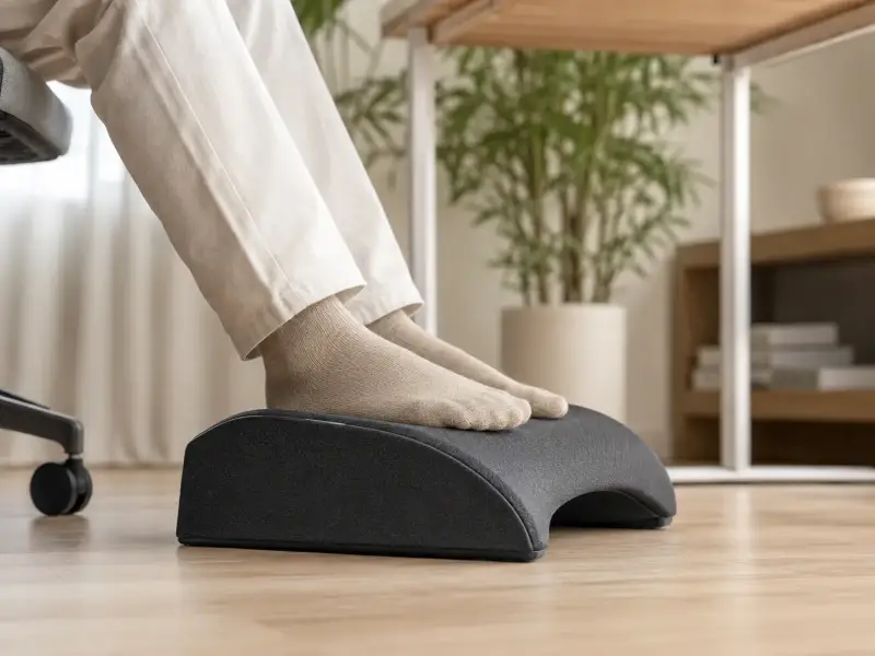 Eine ergonomische Fußstütze unter einem Schreibtisch zur Entlastung des unteren Rückens und für einen gesunden Kniewinkel.