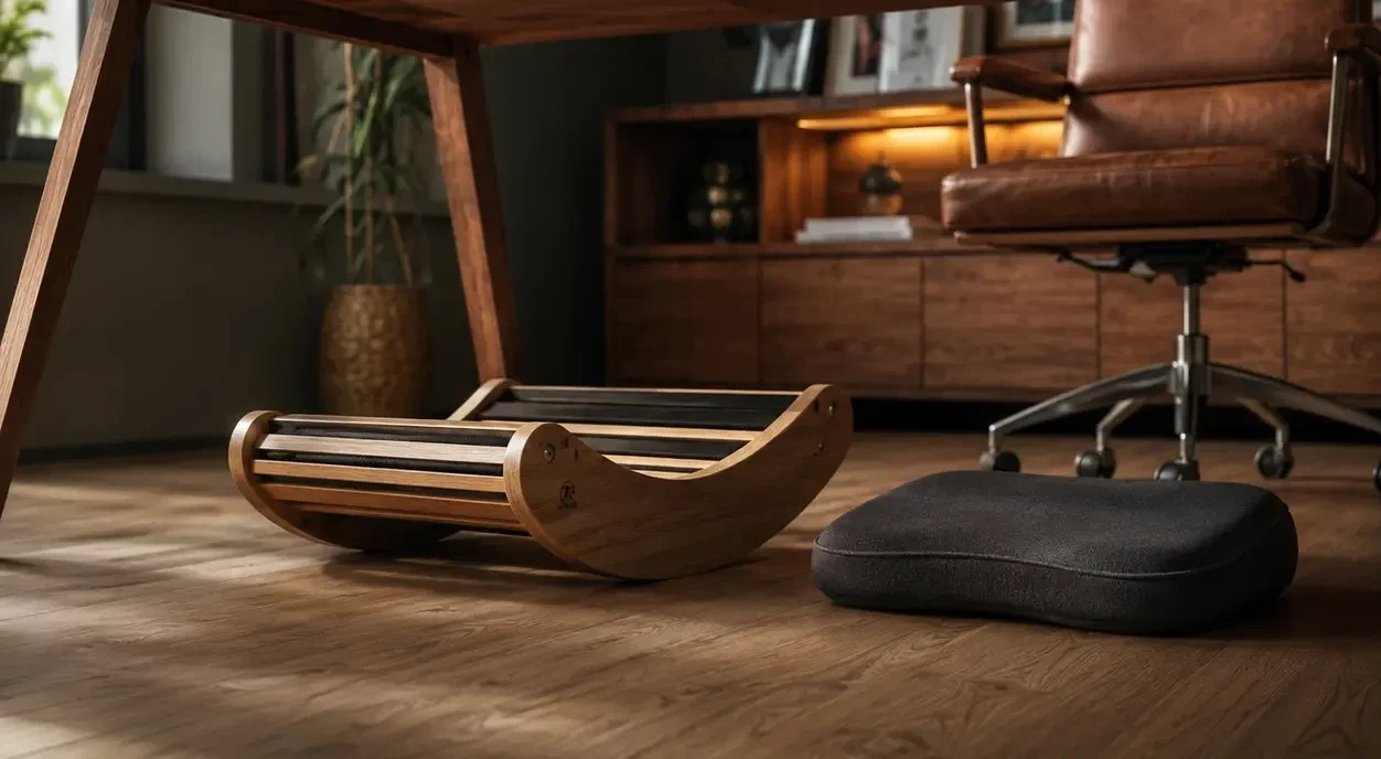 Eine ergonomische Holzwippe und ein weiches Memory Schaum Kissen unter einem modernen Schreibtisch im Homeoffice.