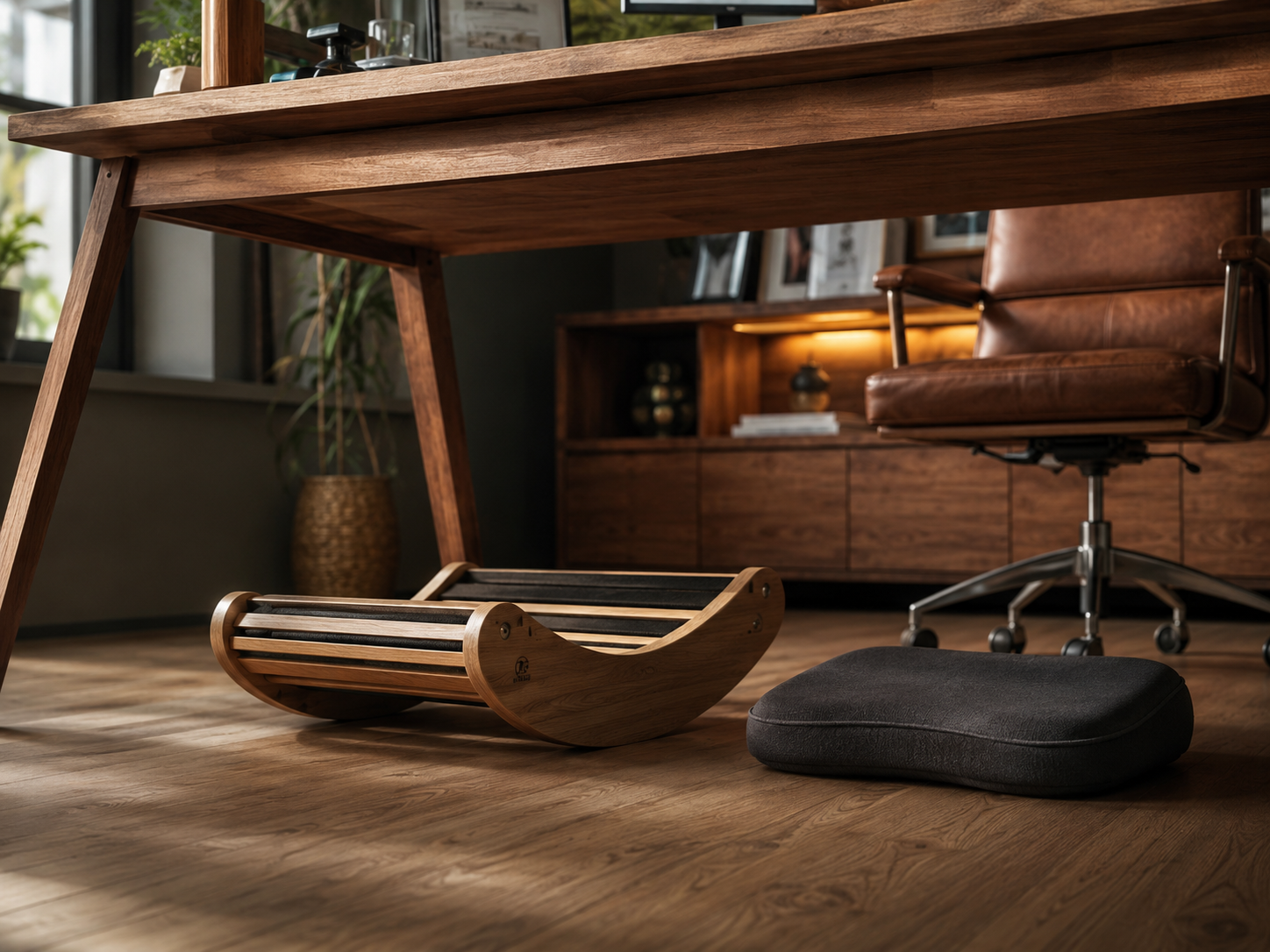 Eine ergonomische Holzwippe und ein weiches Memory Schaum Kissen unter einem modernen Schreibtisch im Homeoffice.