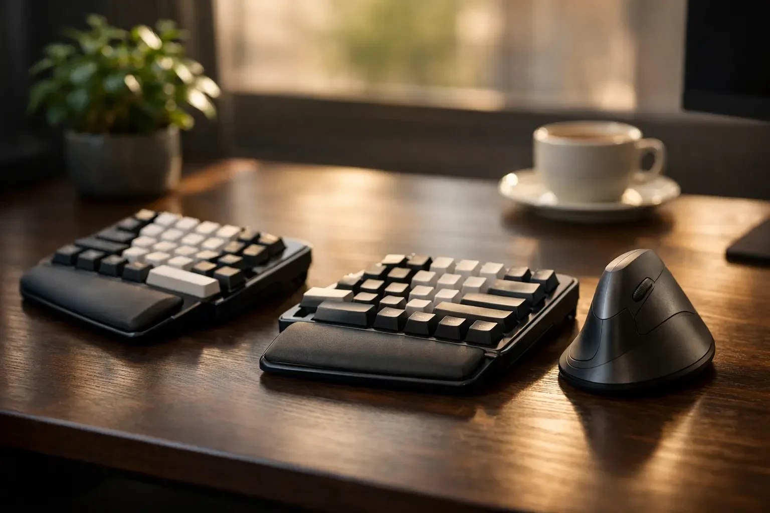 Ein moderner Homeoffice-Schreibtisch mit einer ergonomischen, geteilten Tastatur und einer vertikalen Maus zur Entlastung der Handgelenke.